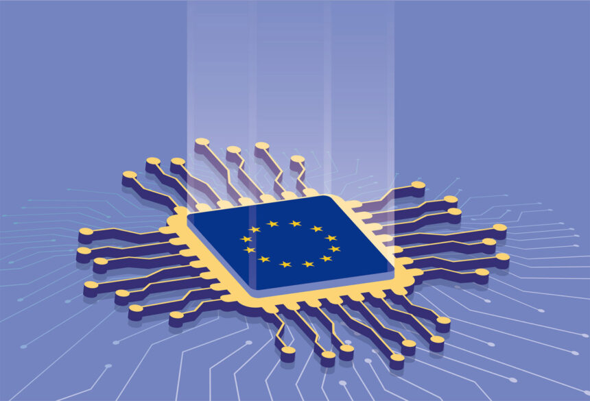 An illustration of a computer chip imprinted with the flag of the European Union