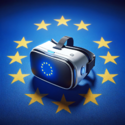 An AI generated image of a Virtual Reality headset placed on an EU flag