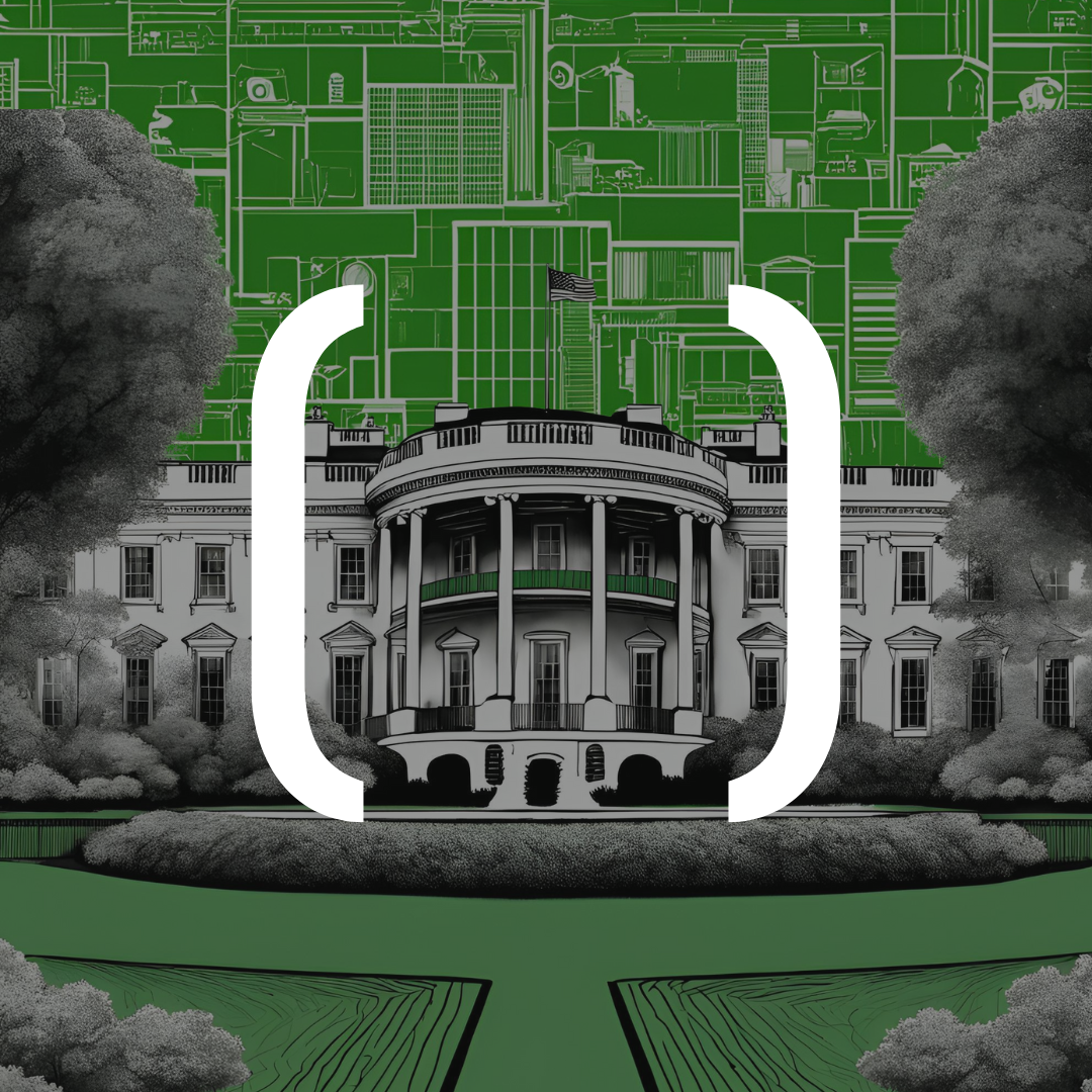 An illustration of the White House imposed on a green background